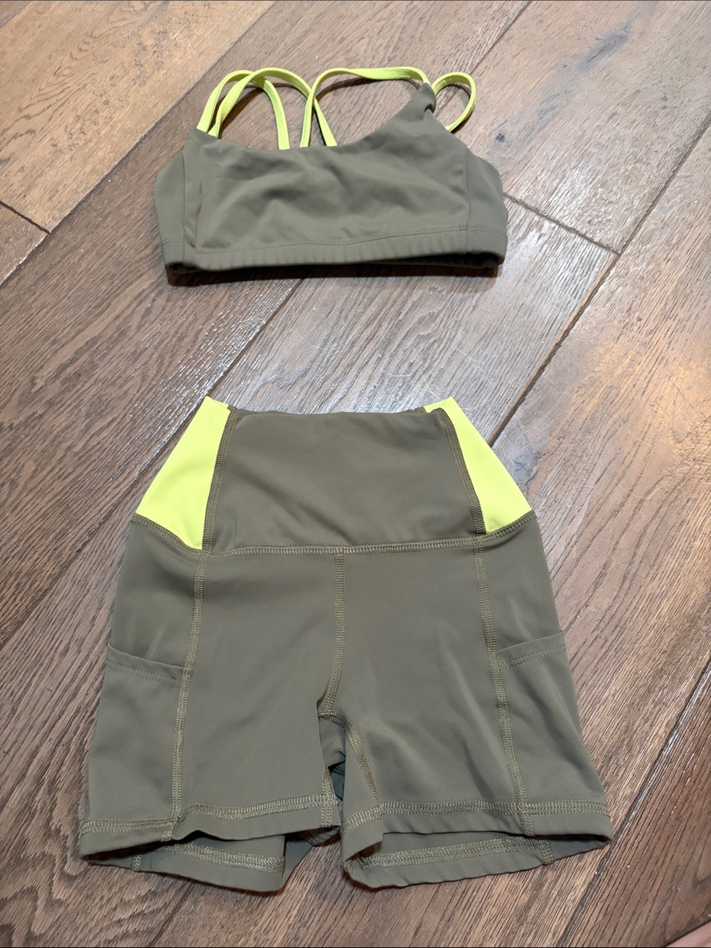 FIVE Olive Green & Neon Yellow Active Sports Bra and High-Waist Bike Shorts Set